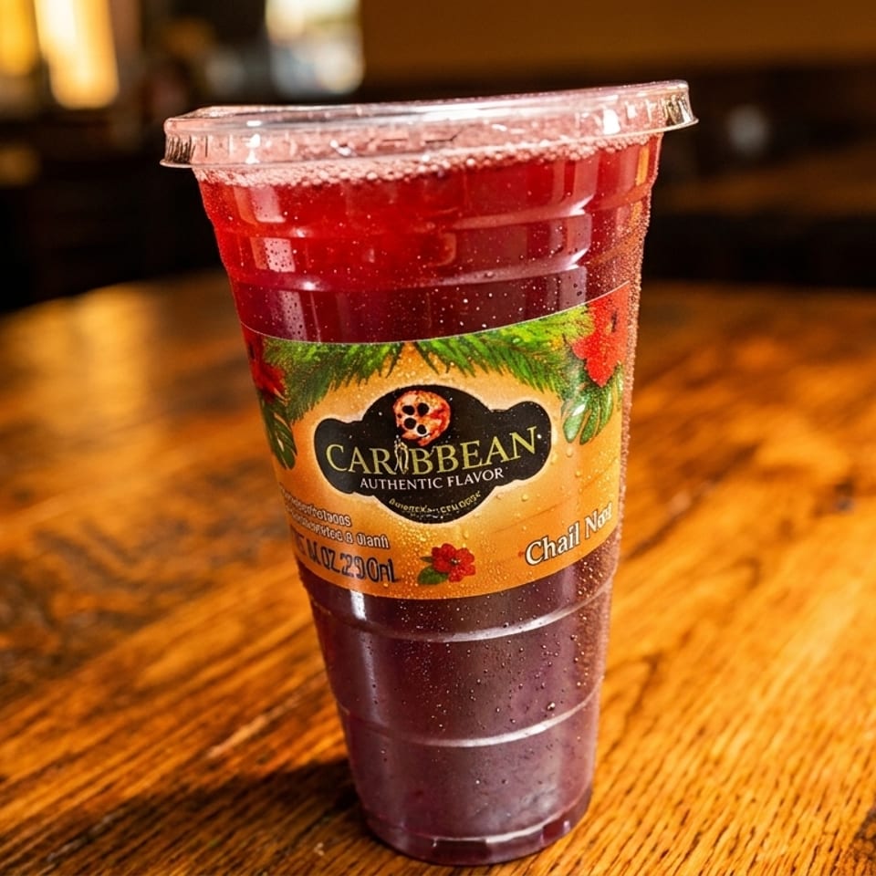 A Caribbean Authentic Flavor drink in a clear plastic cup with a lid on a wooden table.