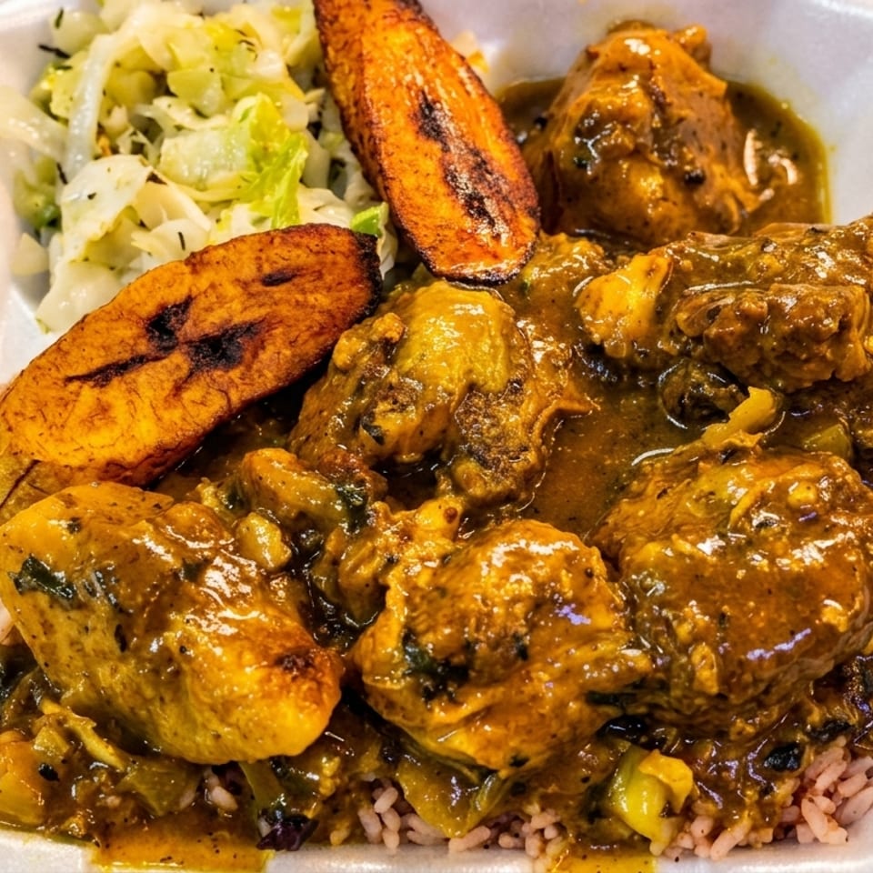 Curry chicken with rice, cabbage, and fried plantains in a white takeout container.