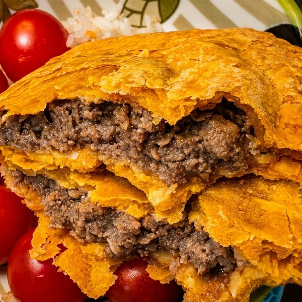 Golden-crusted meat pie, cut open to reveal savory filling, served with cherry tomatoes and rice.
