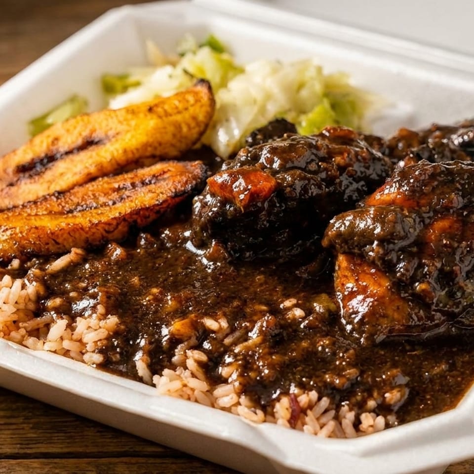 Oxtail stew with rice, plantains, and cabbage in a white takeout container on a wooden table.