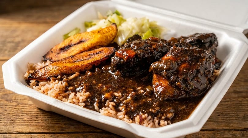 Oxtail stew with rice, plantains, and cabbage in a white takeout container on a wooden table.