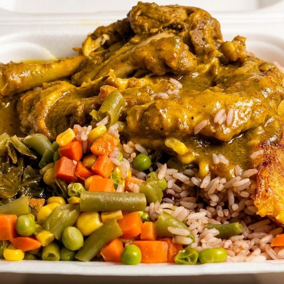 Curry chicken with rice and peas, mixed vegetables, and fried plantain in a takeout container.