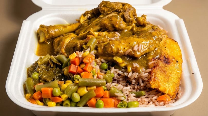 Curry chicken with rice and peas, mixed vegetables, and fried plantain in a takeout container.