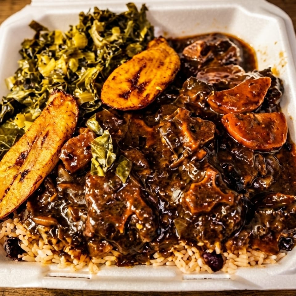 Oxtail stew with rice and peas, collard greens, and fried plantains in a takeout container.