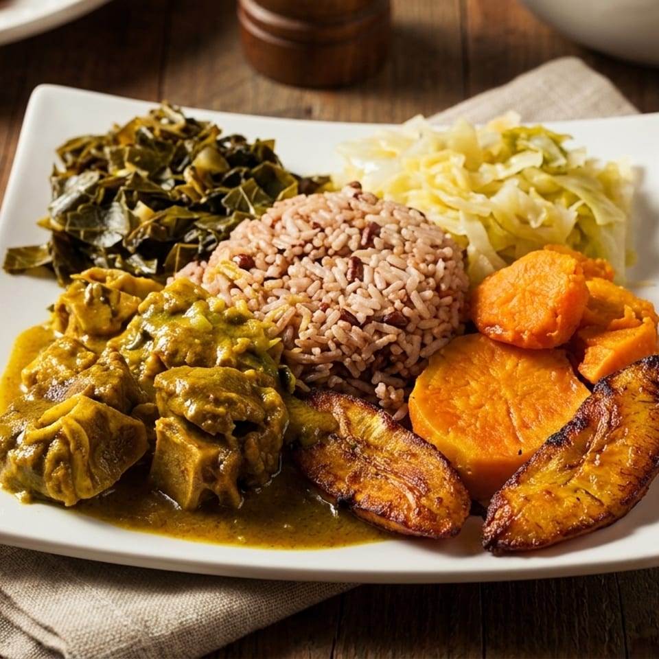 A plate of Caribbean food with curry chicken, rice and peas, collard greens, cabbage, sweet potatoes, and plantains.