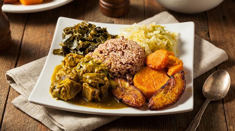 A plate of Caribbean food with curry chicken, rice and peas, collard greens, cabbage, sweet potatoes, and plantains.
