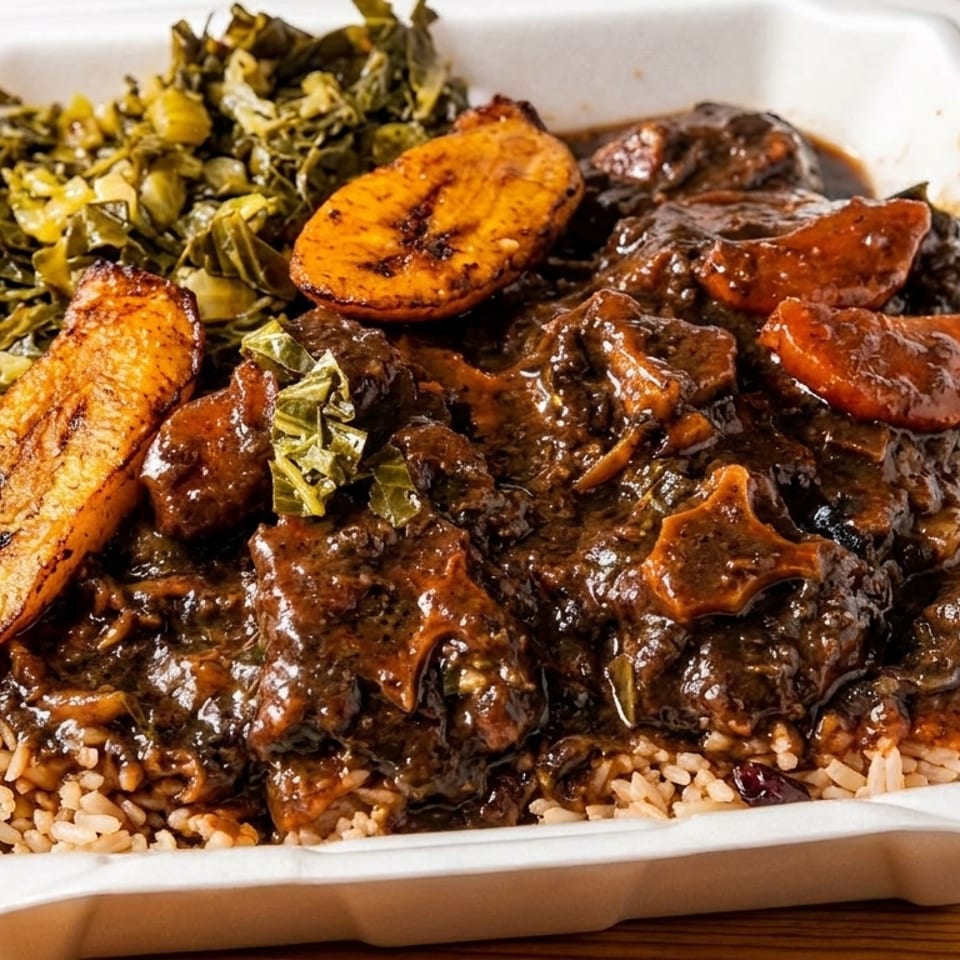 Oxtail stew with rice, collard greens, and fried plantains in a white takeout container.