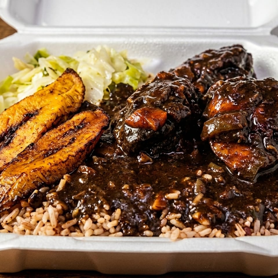 A takeout container filled with brown stew chicken, rice and peas, fried plantains, and steamed cabbage.