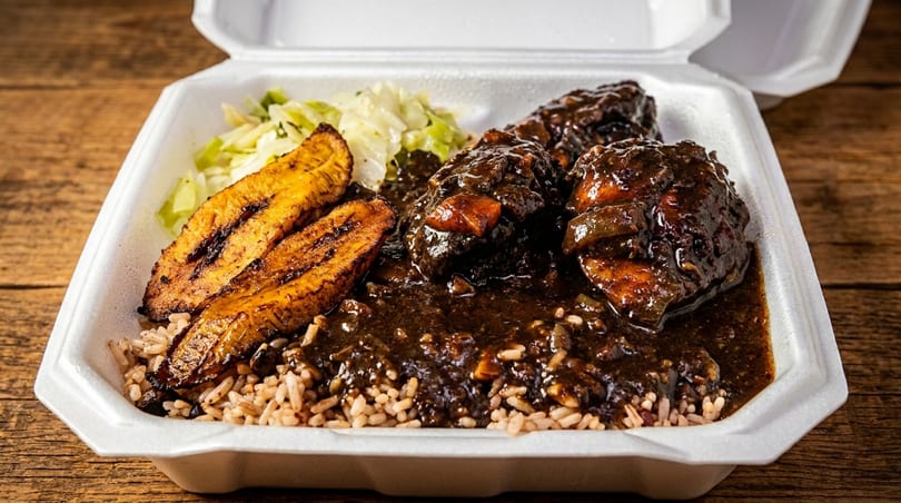 A takeout container filled with brown stew chicken, rice and peas, fried plantains, and steamed cabbage.