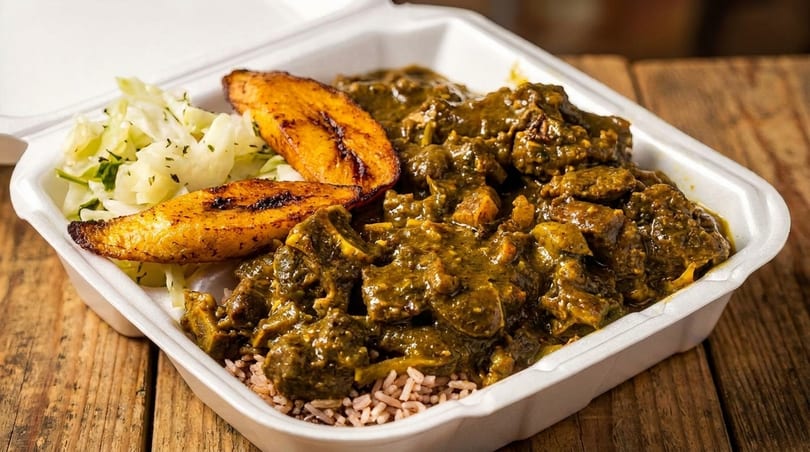 Curried goat with rice, cabbage, and plantains in a white takeout container on a wooden table.