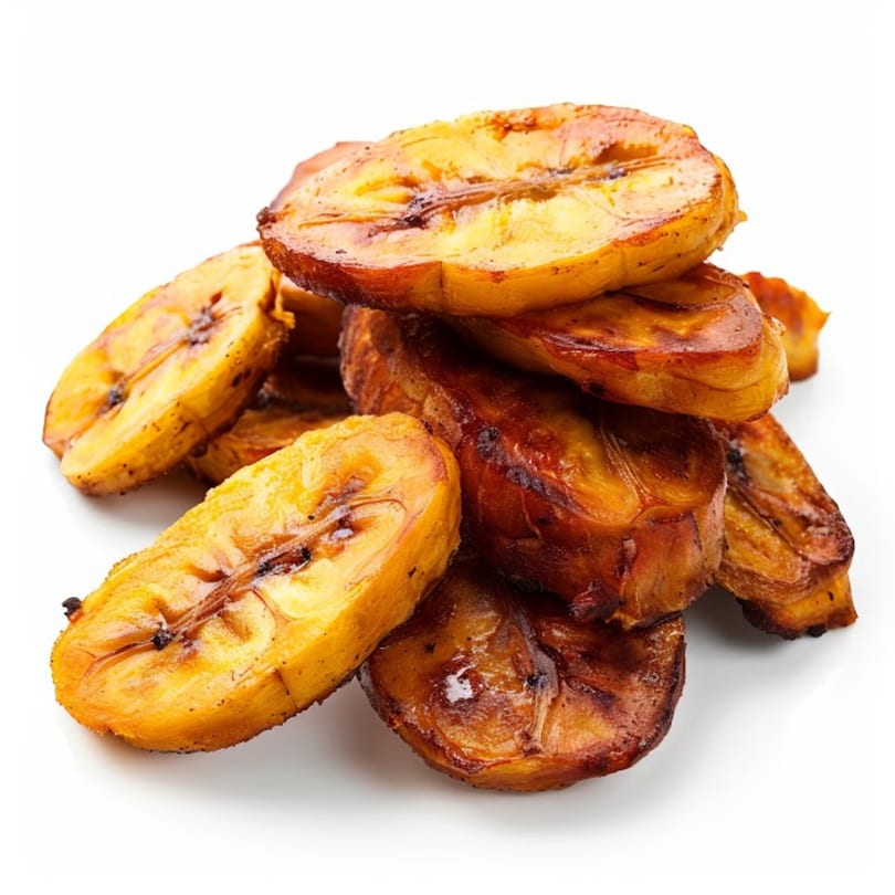A pile of golden-brown fried plantains, some sliced lengthwise, on a white background.